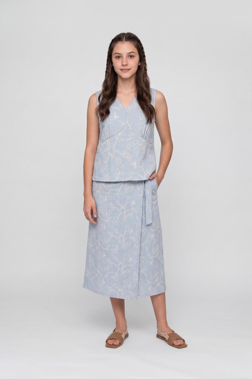 Light Blue Embroidered Regular Fit Top For Women - Image 6