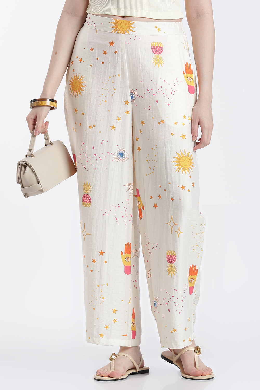 Off White Graphic Wide Leg Fit Pant With 2 Pocket For Women - Image 1