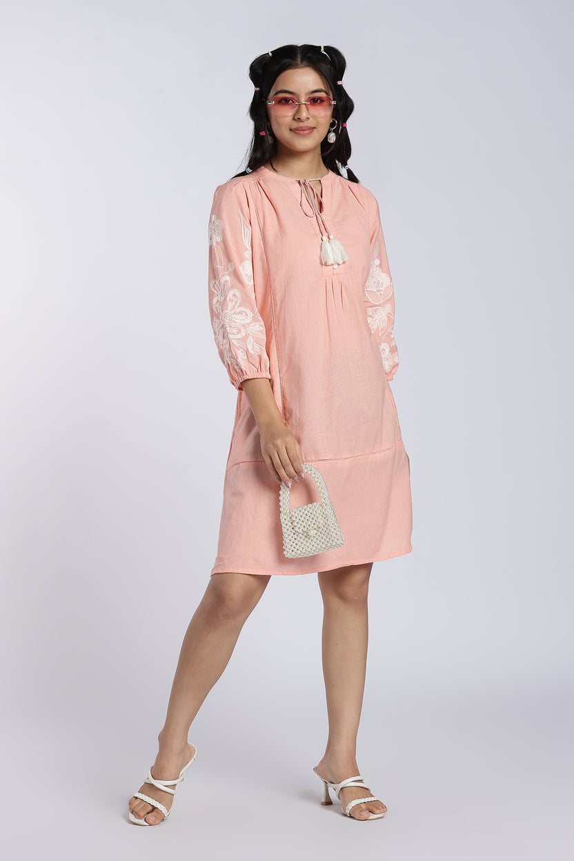 Peach Bishop Sleeves Fit Dress for Women - Image 1