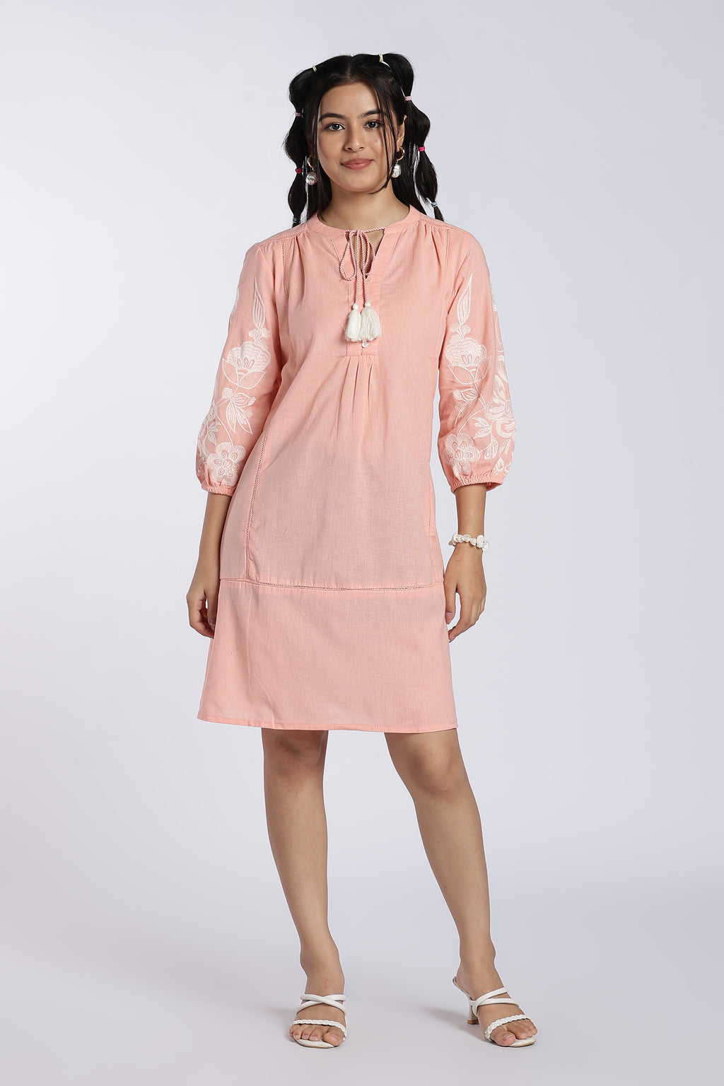 Peach Bishop Sleeves Fit Dress for Women - Image 2