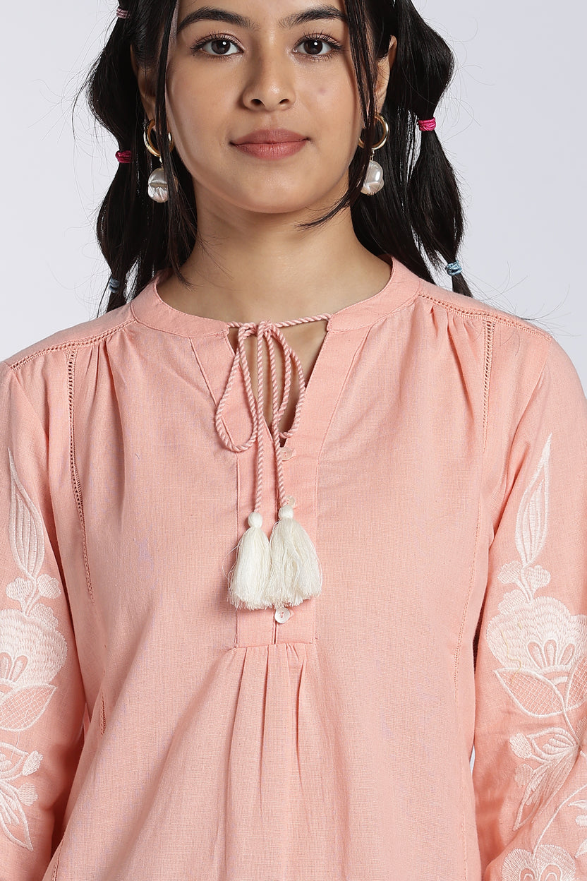 Peach Bishop Sleeves Fit Dress for Women - Image 3