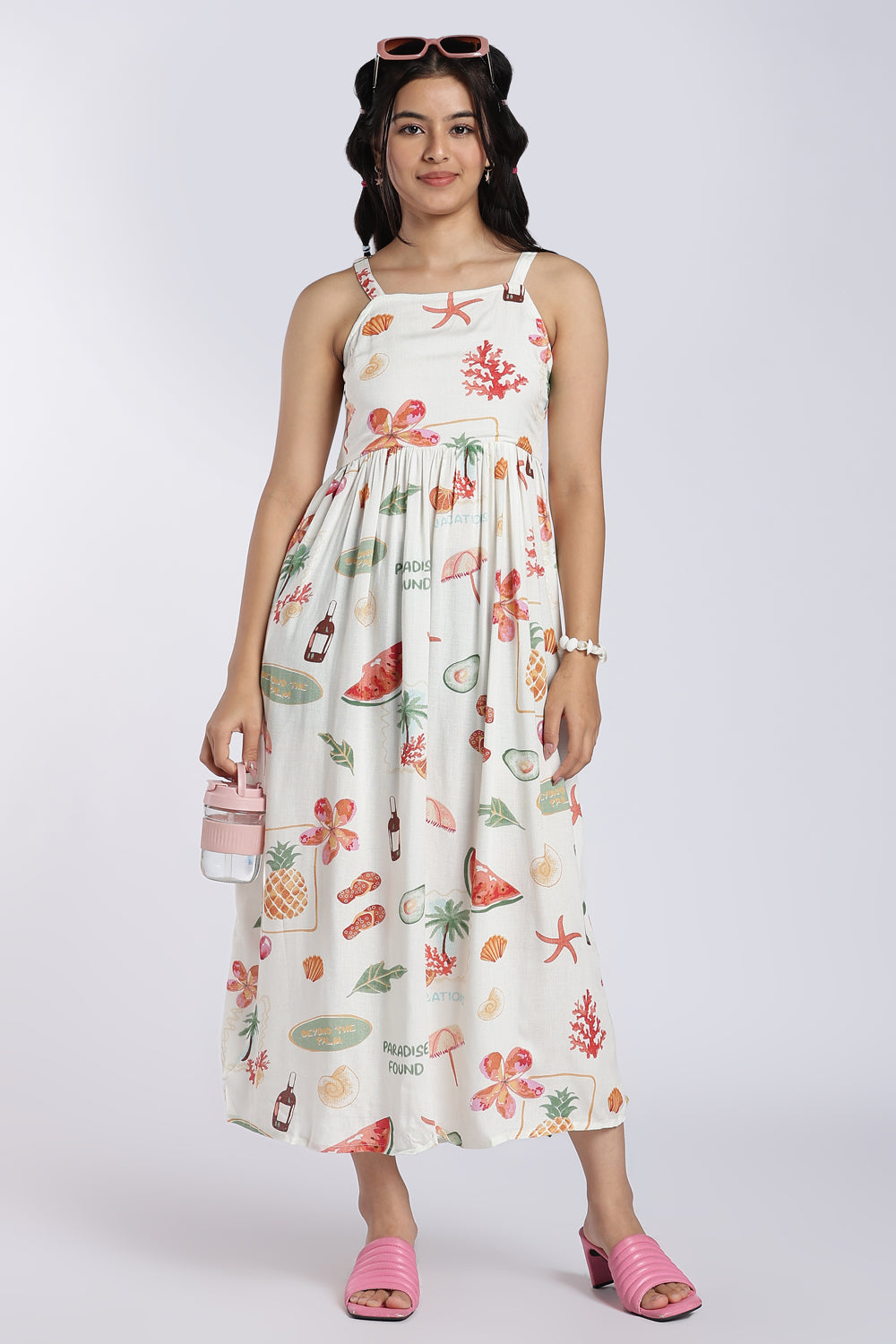 White Tropical Vacation Print Maxi Dress for Women - Image 1