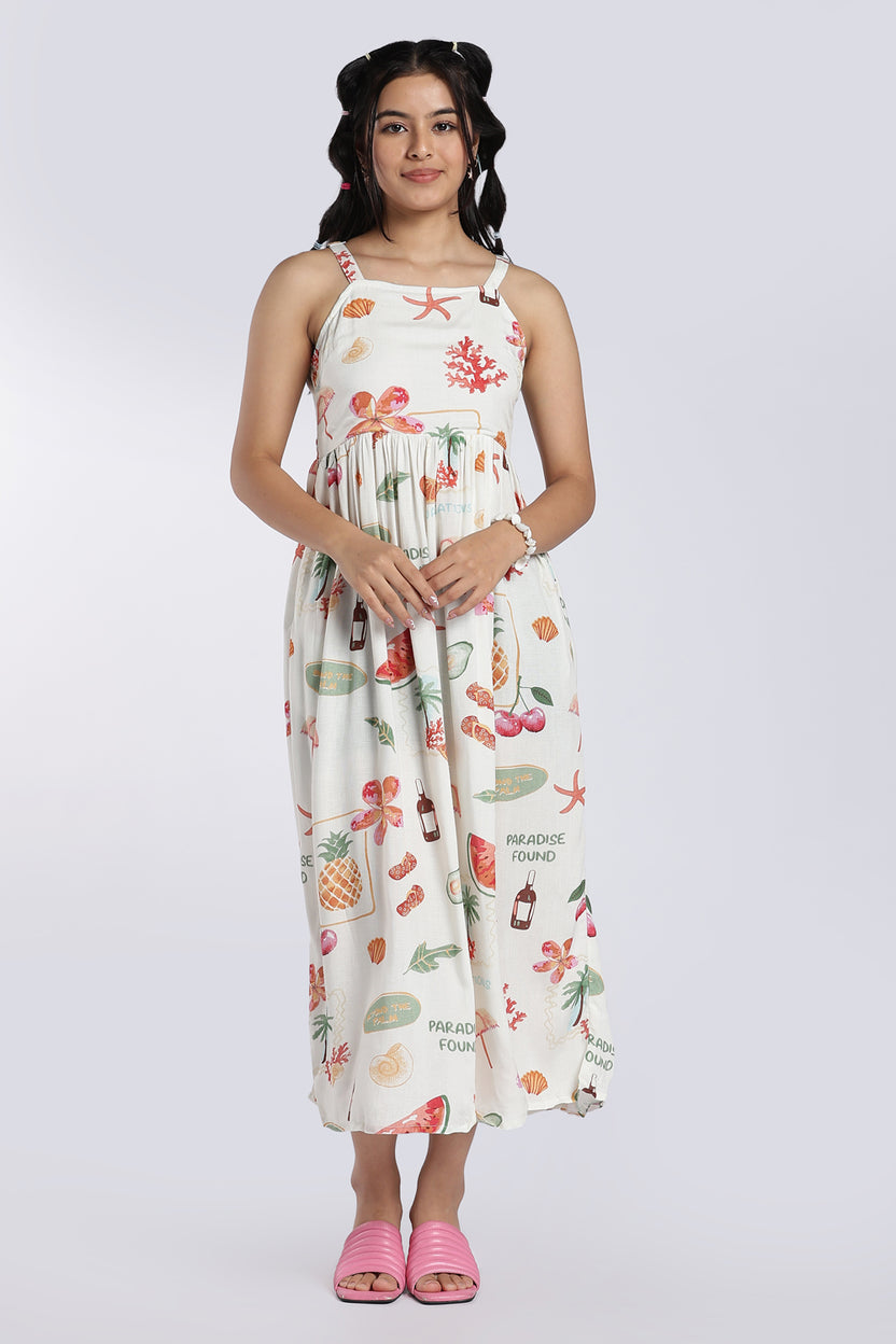 White Tropical Vacation Print Maxi Dress for Women - Image 2
