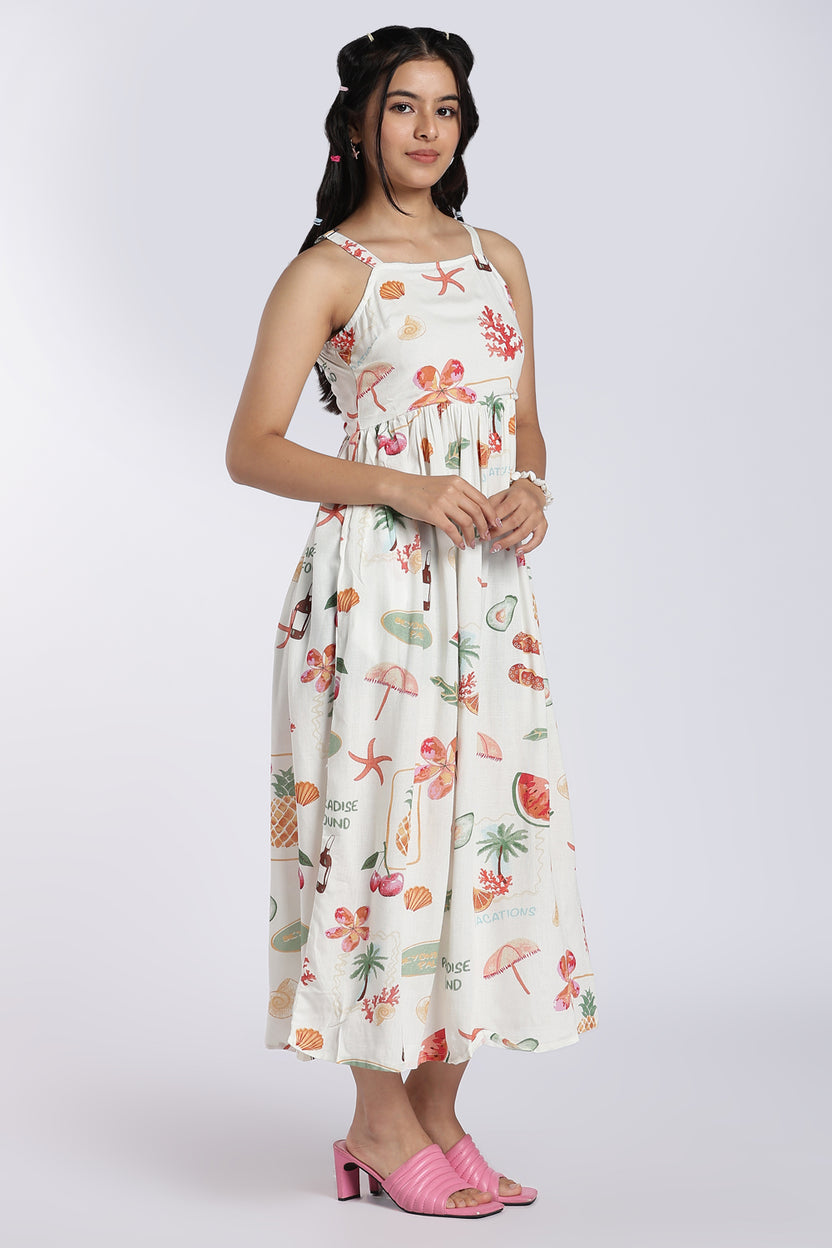 White Tropical Vacation Print Maxi Dress for Women - Image 4