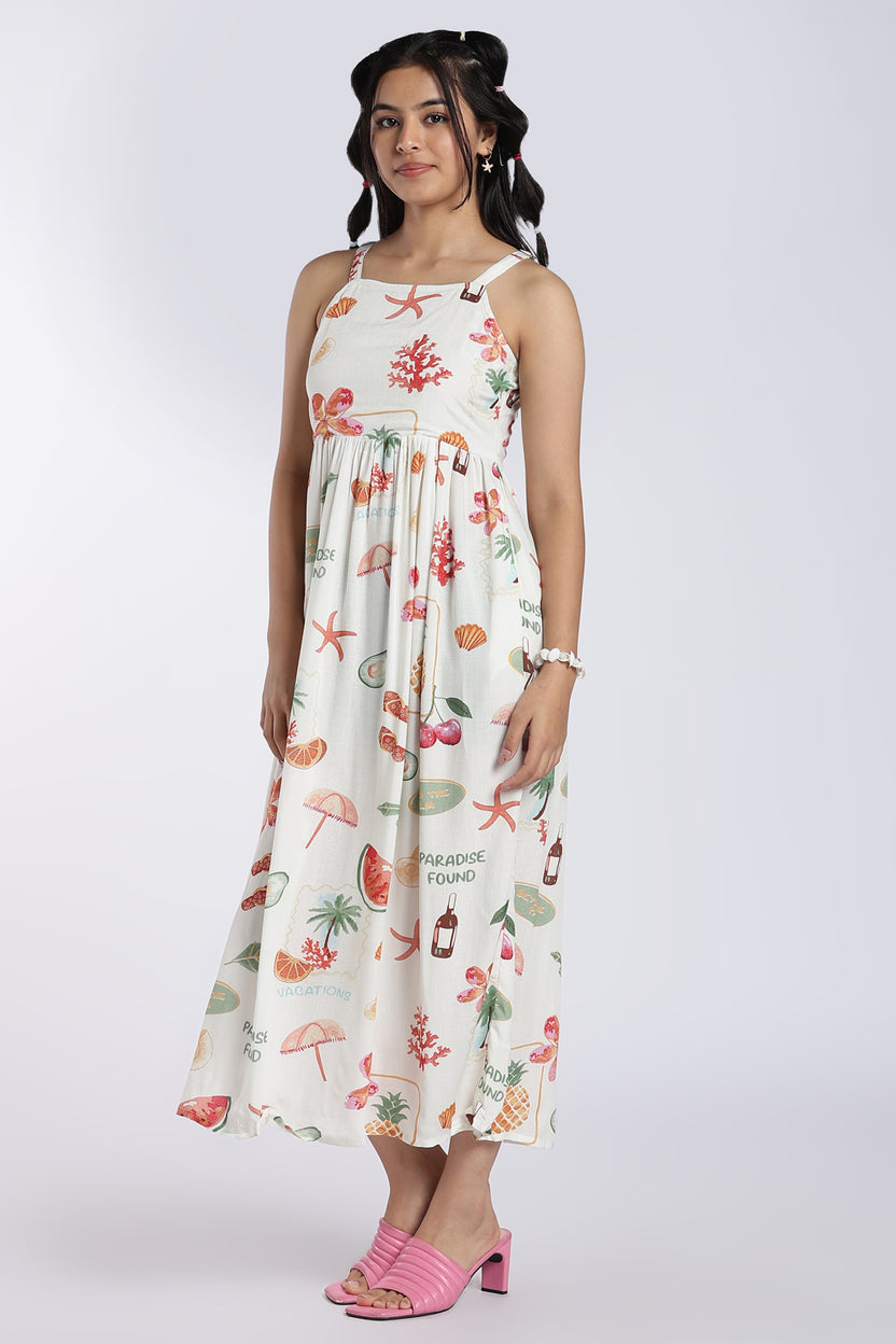 White Tropical Vacation Print Maxi Dress for Women - Image 6