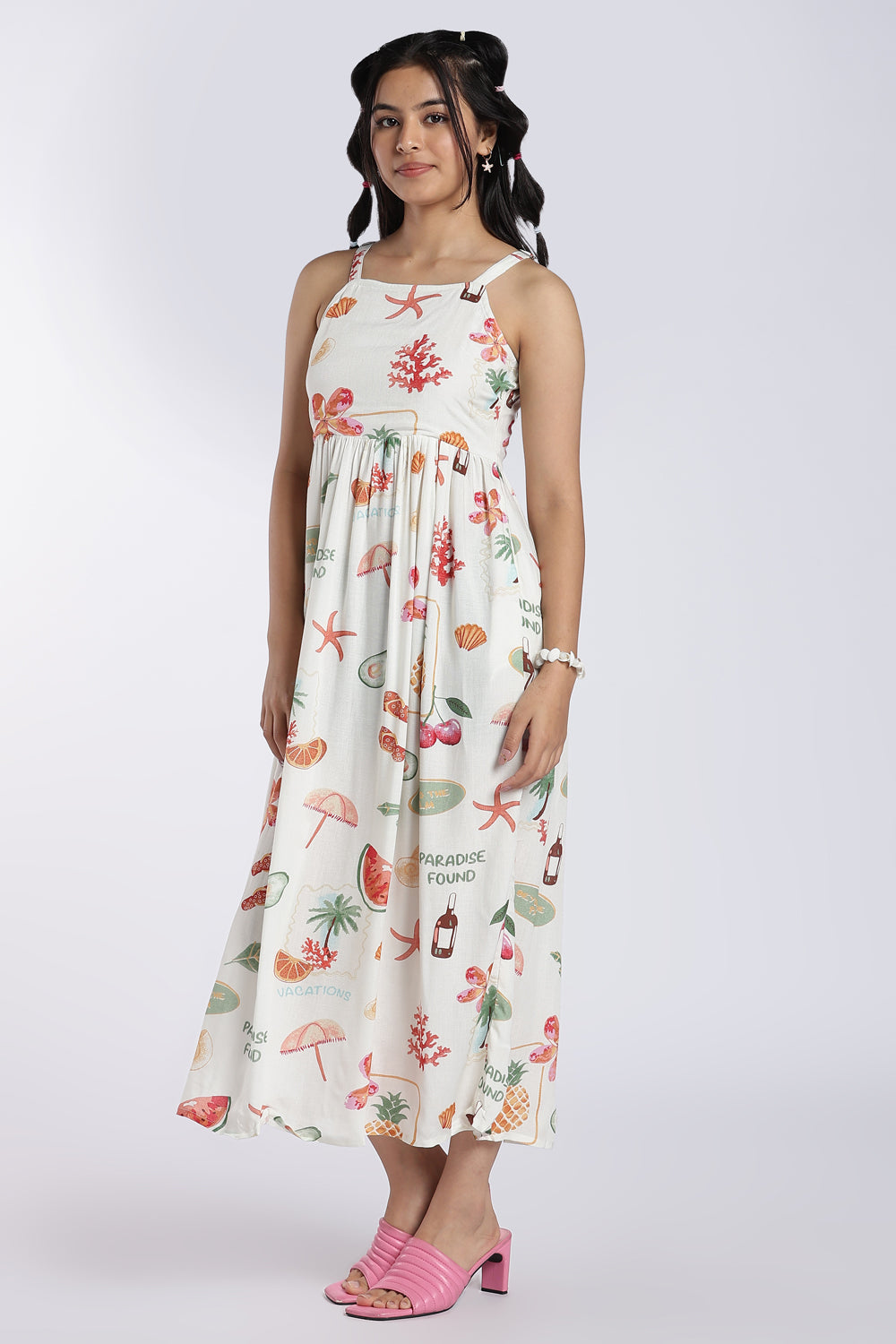 White Tropical Vacation Print Maxi Dress for Women - Image 6