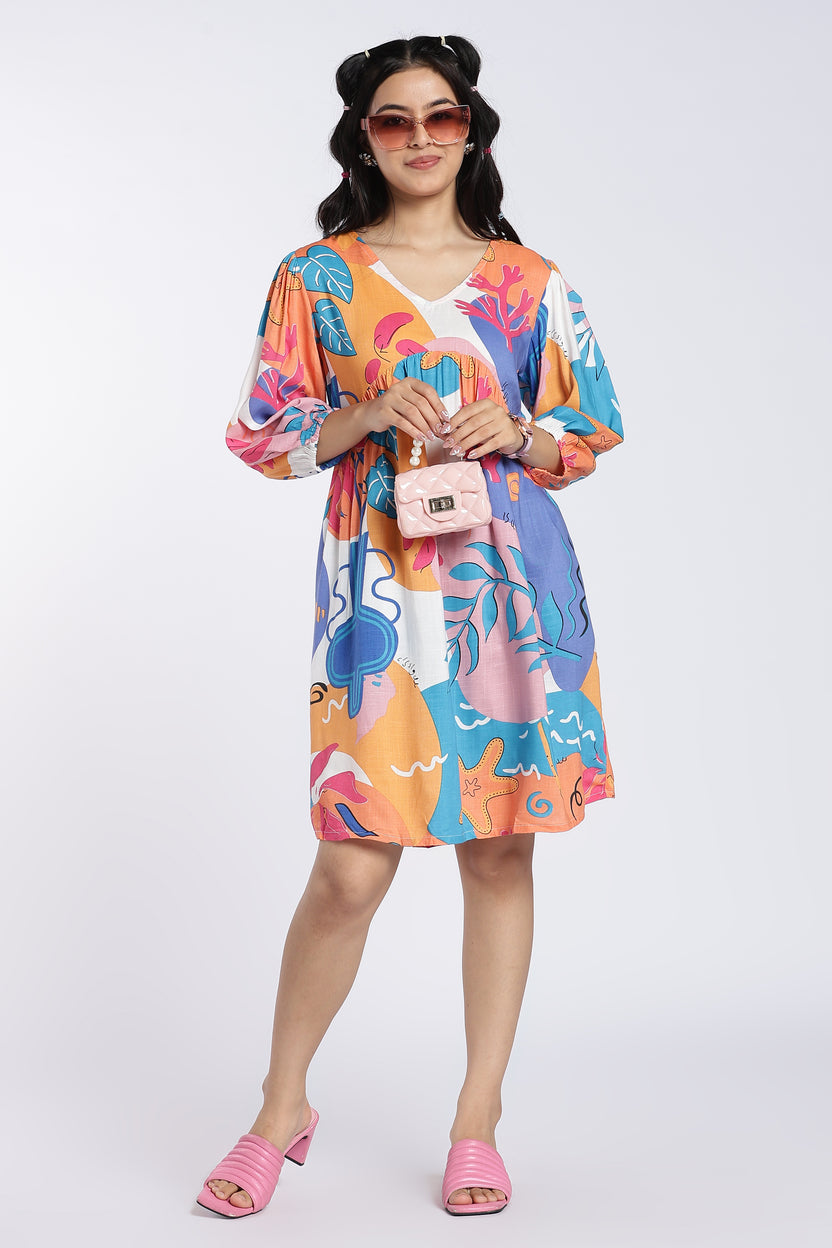 Multi Coloured Gathered Fit Dress for Women - Image 1