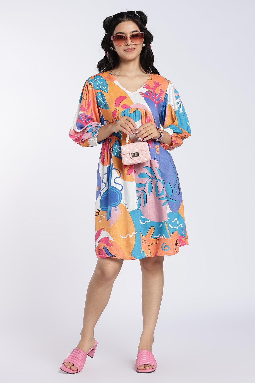 Multi Coloured Gathered Fit Dress for Women - Image 1
