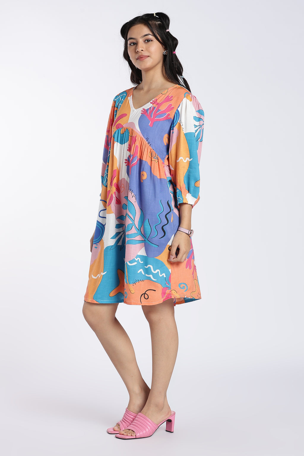 Multi Coloured Gathered Fit Dress for Women - Image 4