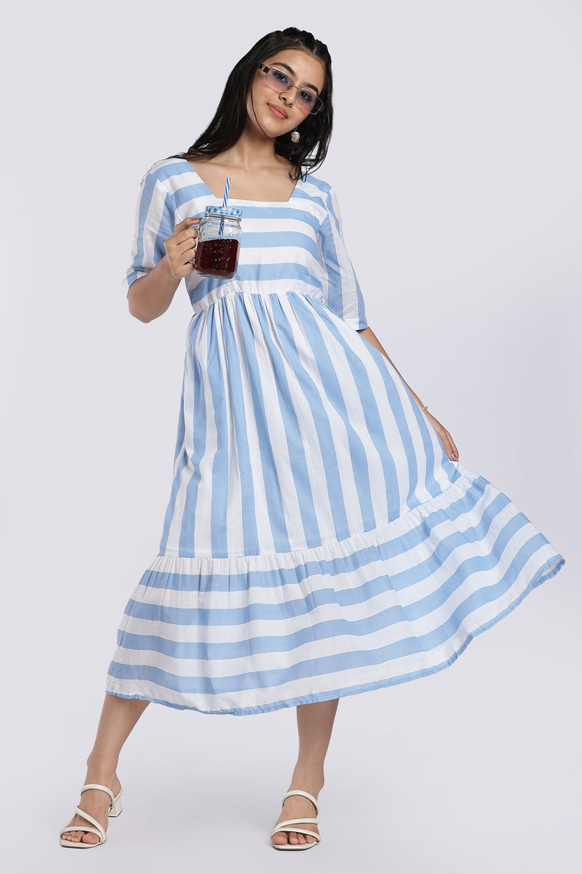Light Blue Striped Flared Dress For Women - Image 1