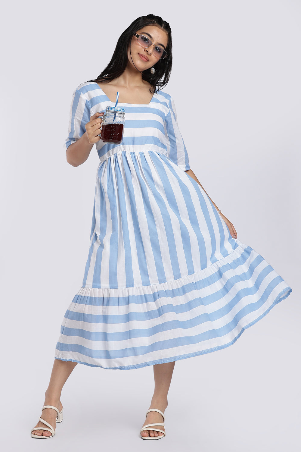 Light Blue Striped Flared Dress for Women - Image 1