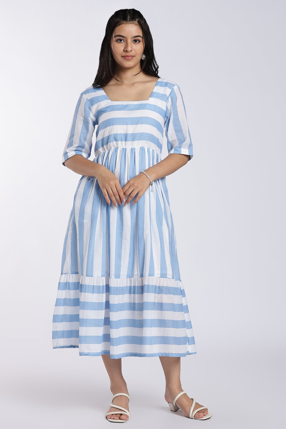Light Blue Striped Flared Dress for Women - Image 2