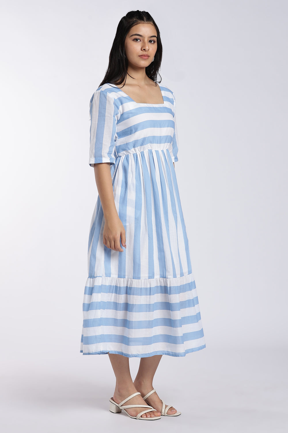 Light Blue Striped Flared Dress for Women - Image 4