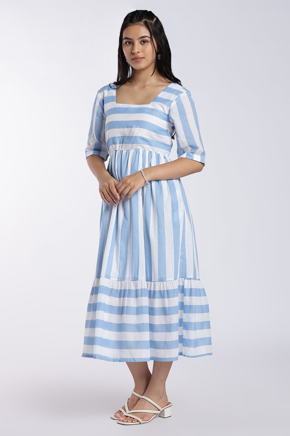 Light Blue Striped Flared Dress for Women - Image 6