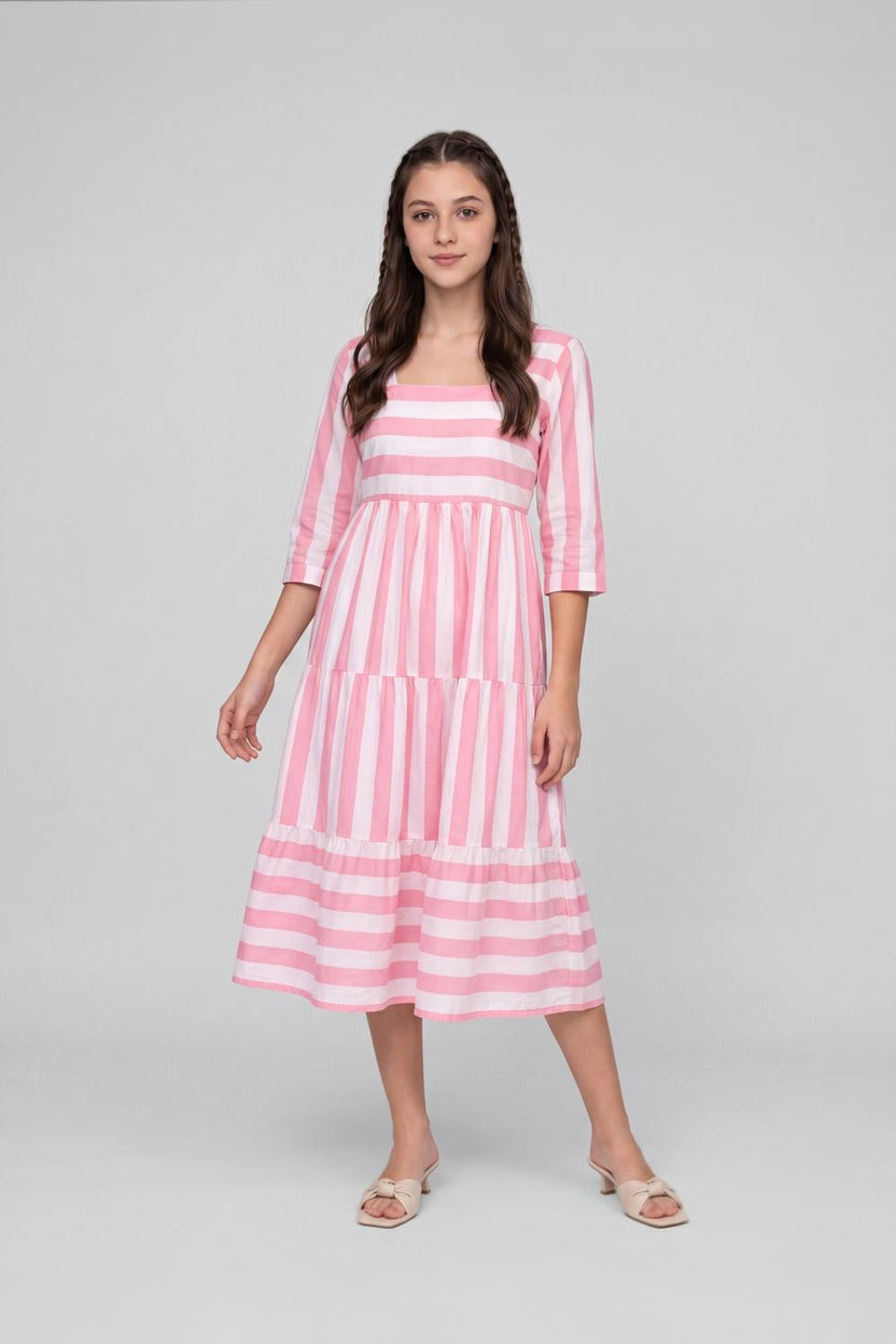 Pink Striped Gathered Flared Fit Dress For Women - Image 2