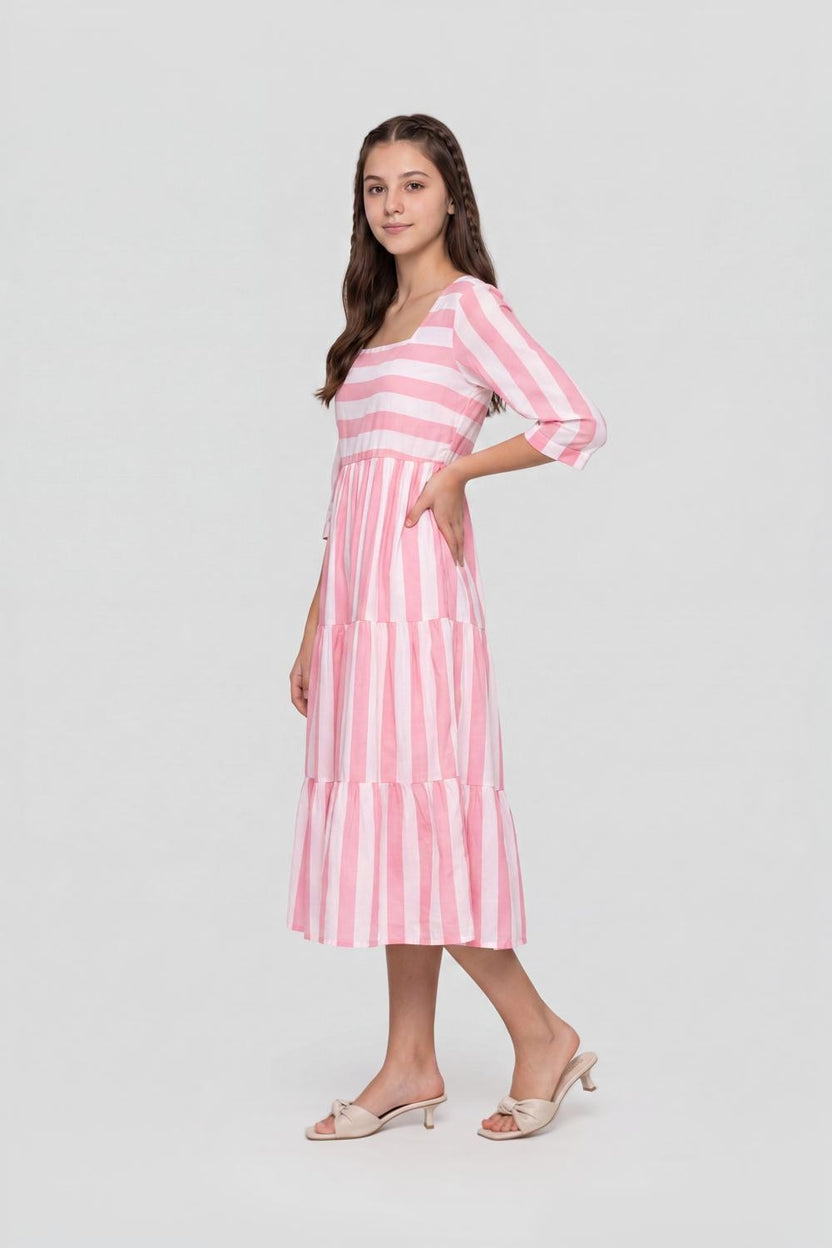 Pink Striped Gathered Flared Fit Dress For Women - Image 4