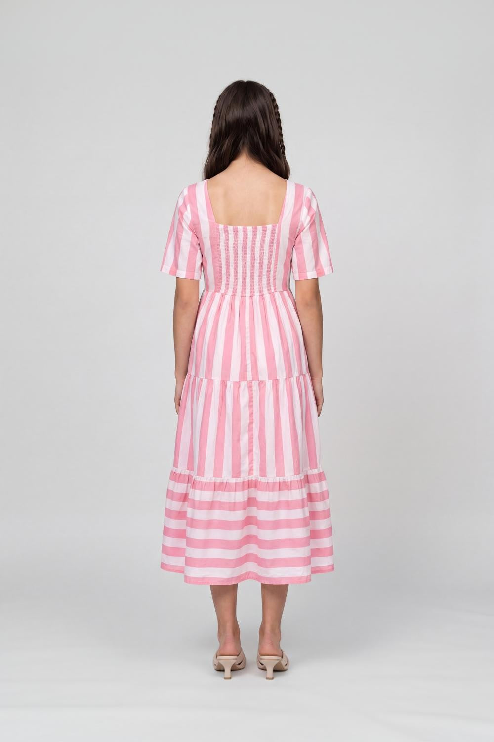 Pink Striped Gathered Flared Fit Dress For Women - Image 5