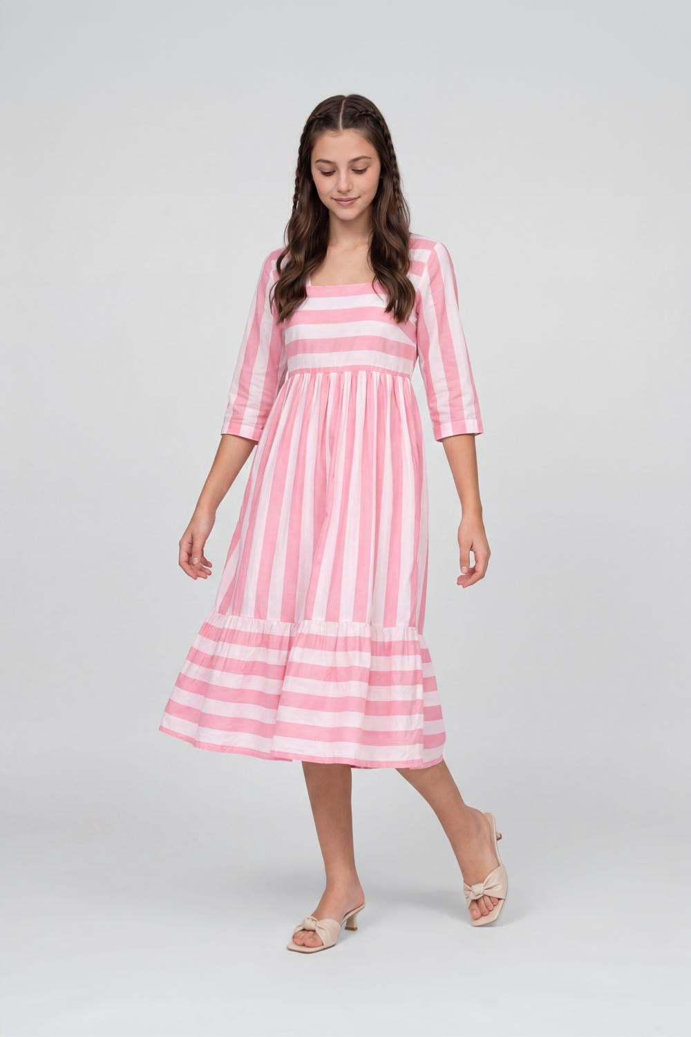 Pink Striped Gathered Flared Fit Dress For Women - Image 7
