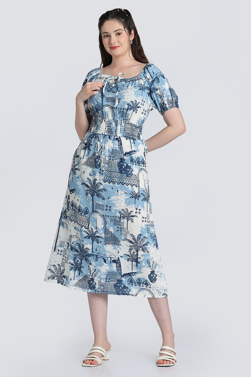 Blue Puff Sleeves Dress for Women - Image 2