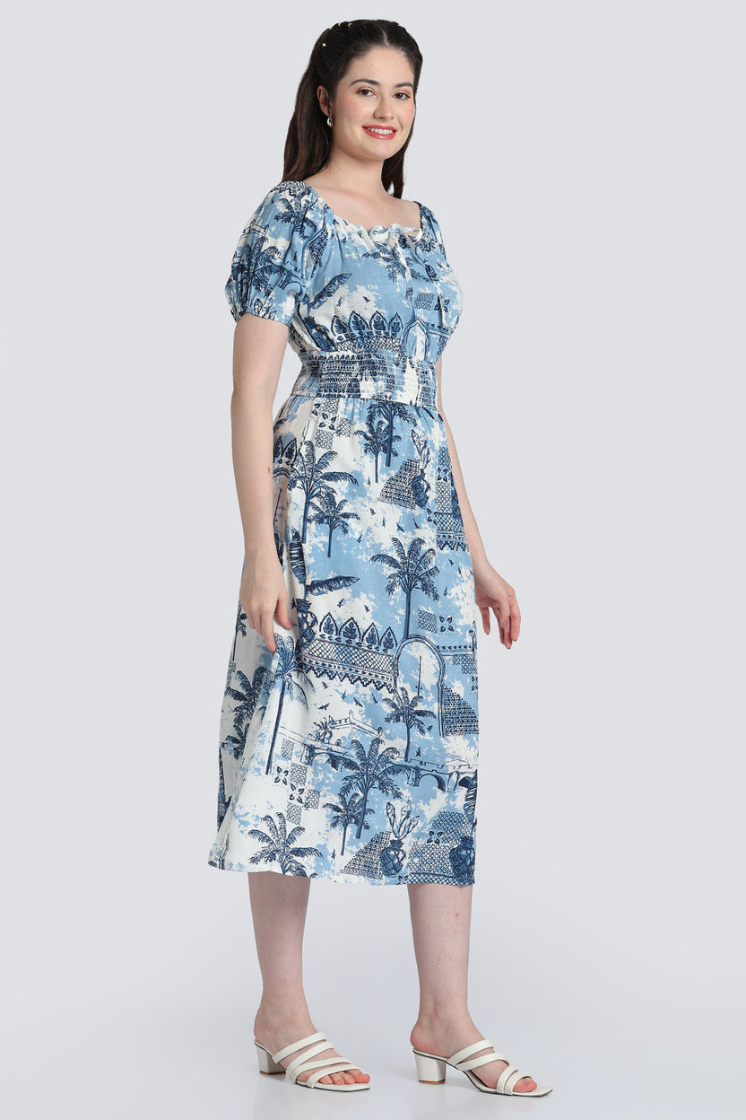 Blue Puff Sleeves Dress for Women - Image 4