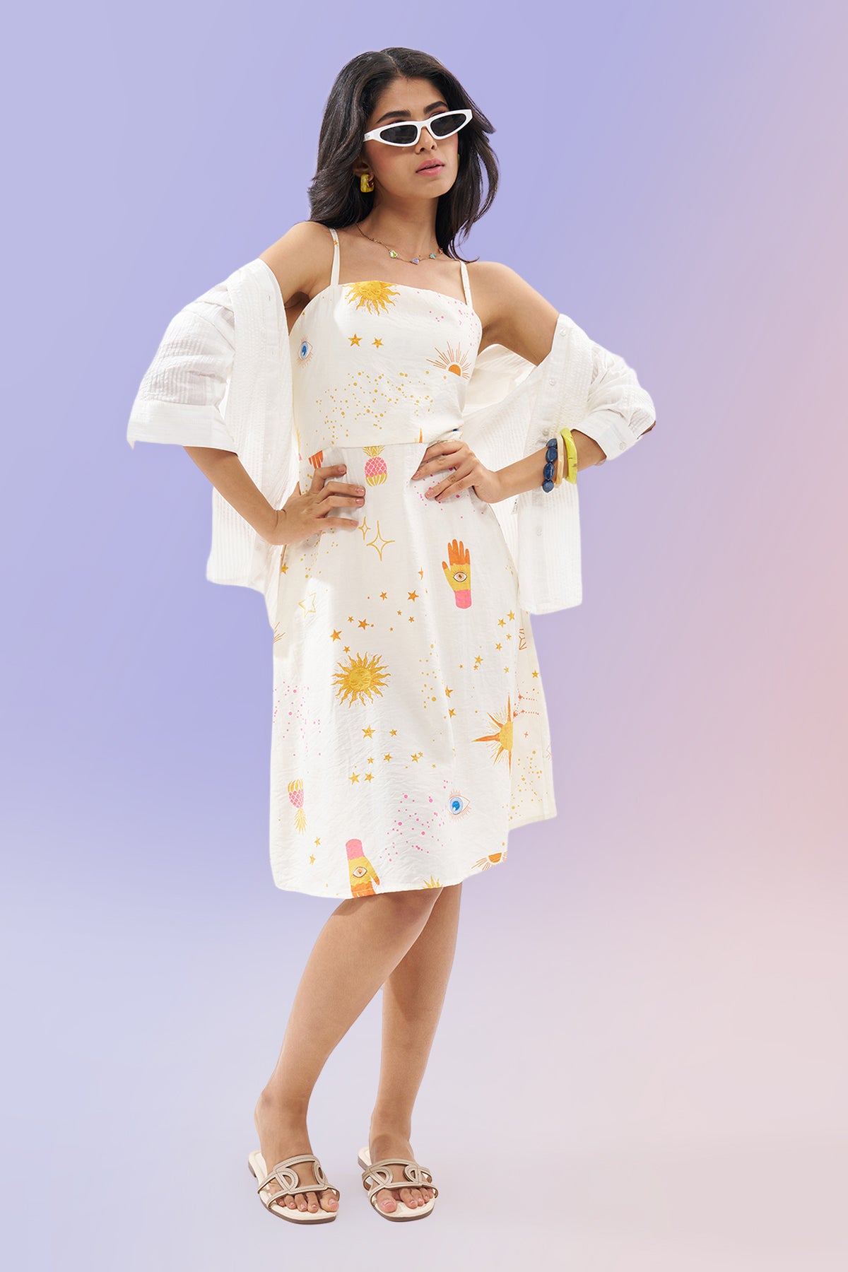 Off-White Sleeveless Motif Print Dress for Women - Image 1