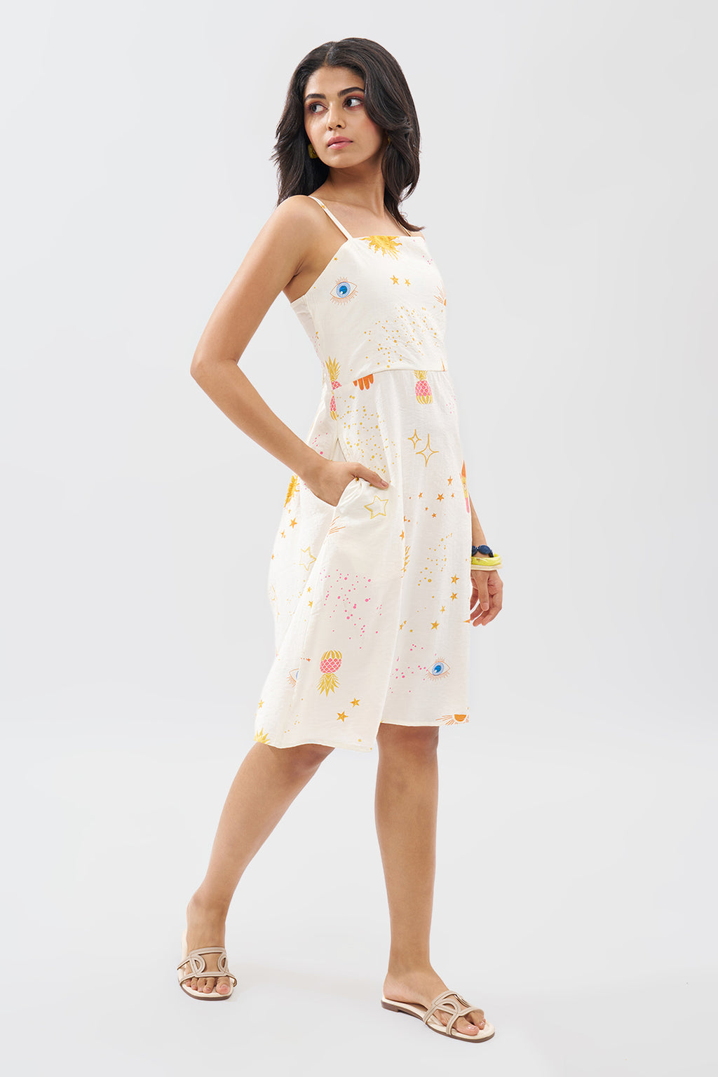 Off-White Sleeveless Motif Print Dress for Women - Image 4