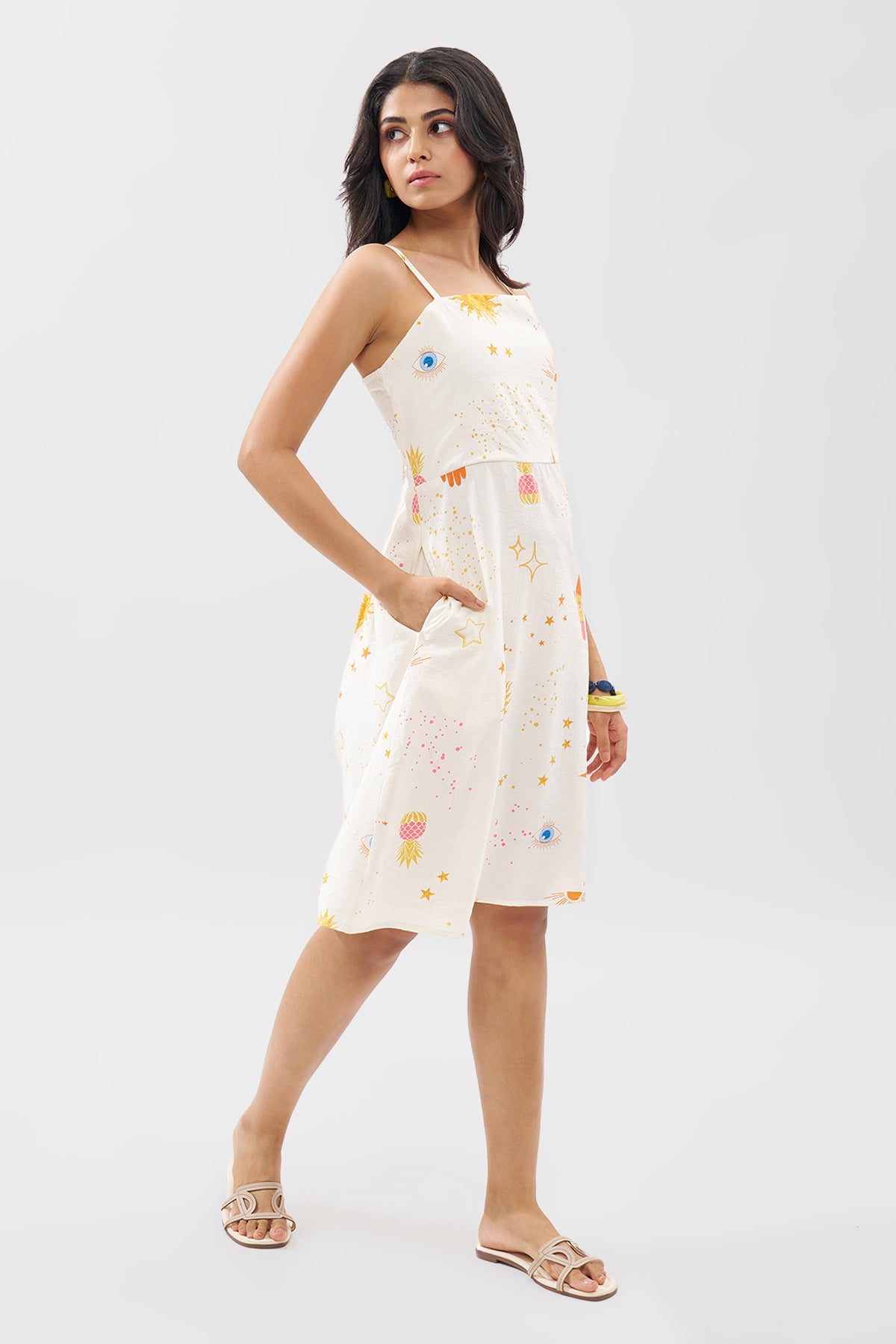 Off-White Sleeveless Motif Print Dress for Women - Image 4