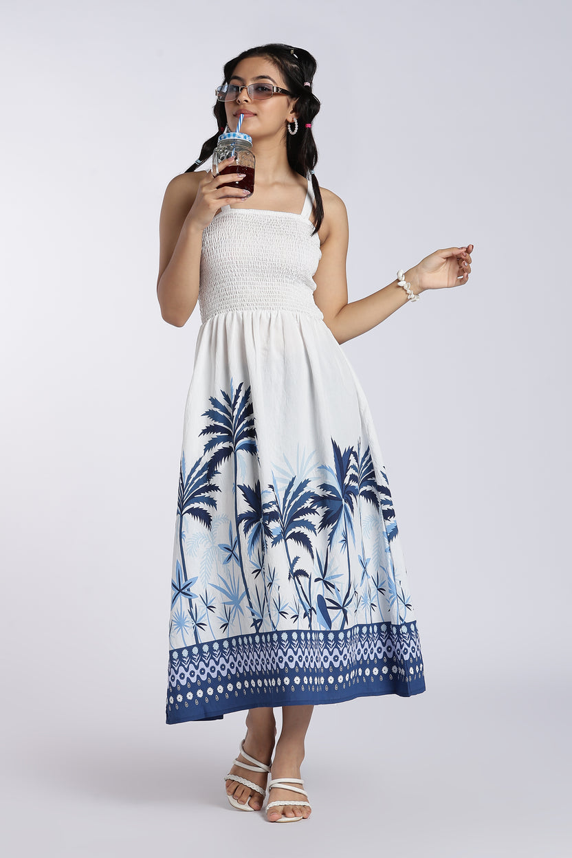 Blue Smocked Flared Fit Dress for Women - Image 1