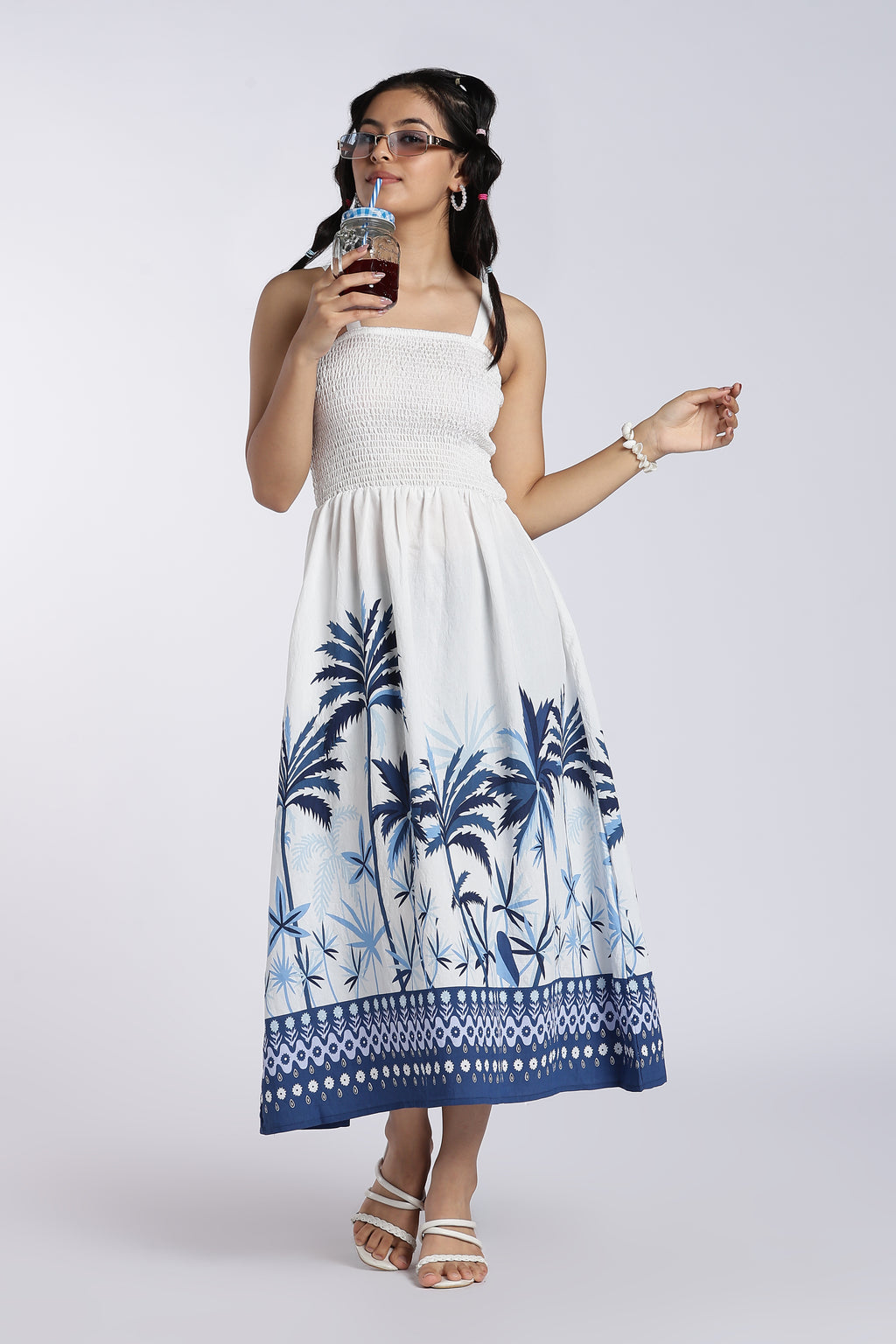 Blue Smocked Flared Fit Dress for Women - Image 1
