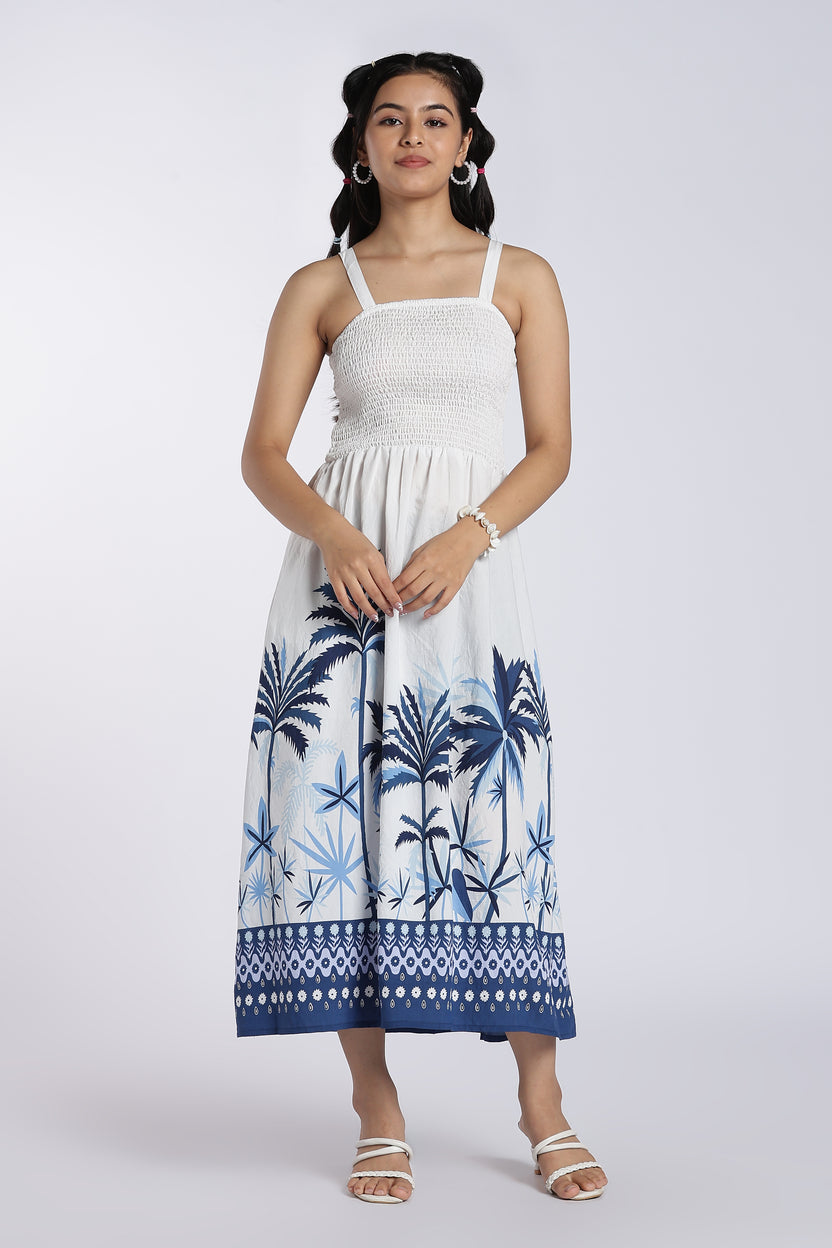 Blue Smocked Flared Fit Dress for Women - Image 2