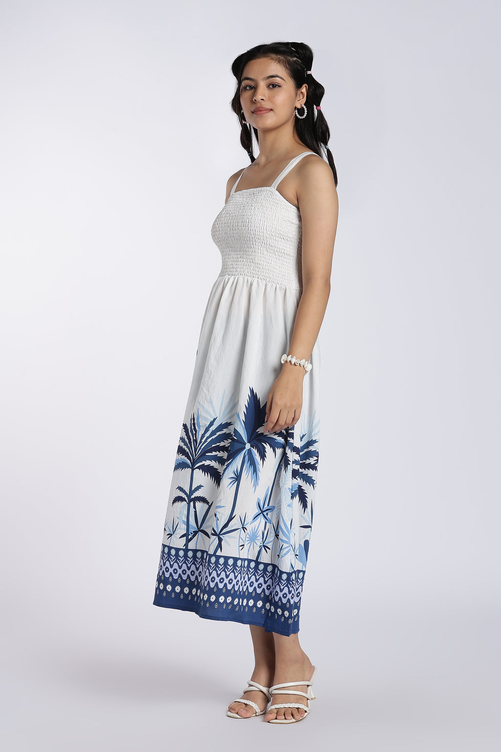Blue Smocked Flared Fit Dress for Women - Image 4
