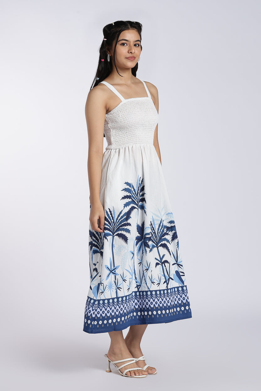 Blue Smocked Flared Fit Dress for Women - Image 6