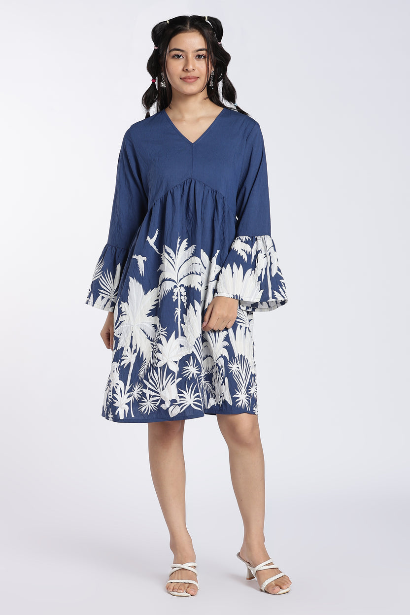 Blue Printed Flared Sleeves Dress for Women - Image 2