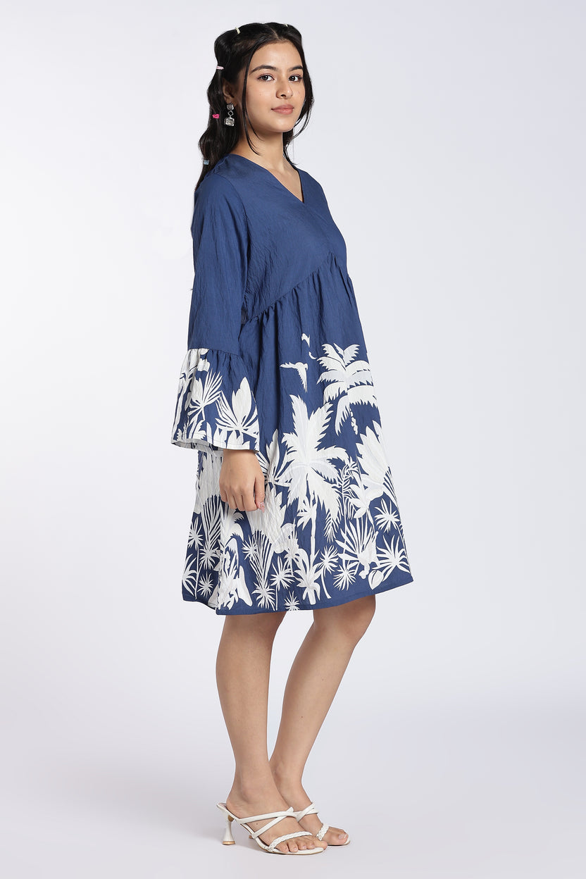 Blue Printed Flared Sleeves Dress for Women - Image 4