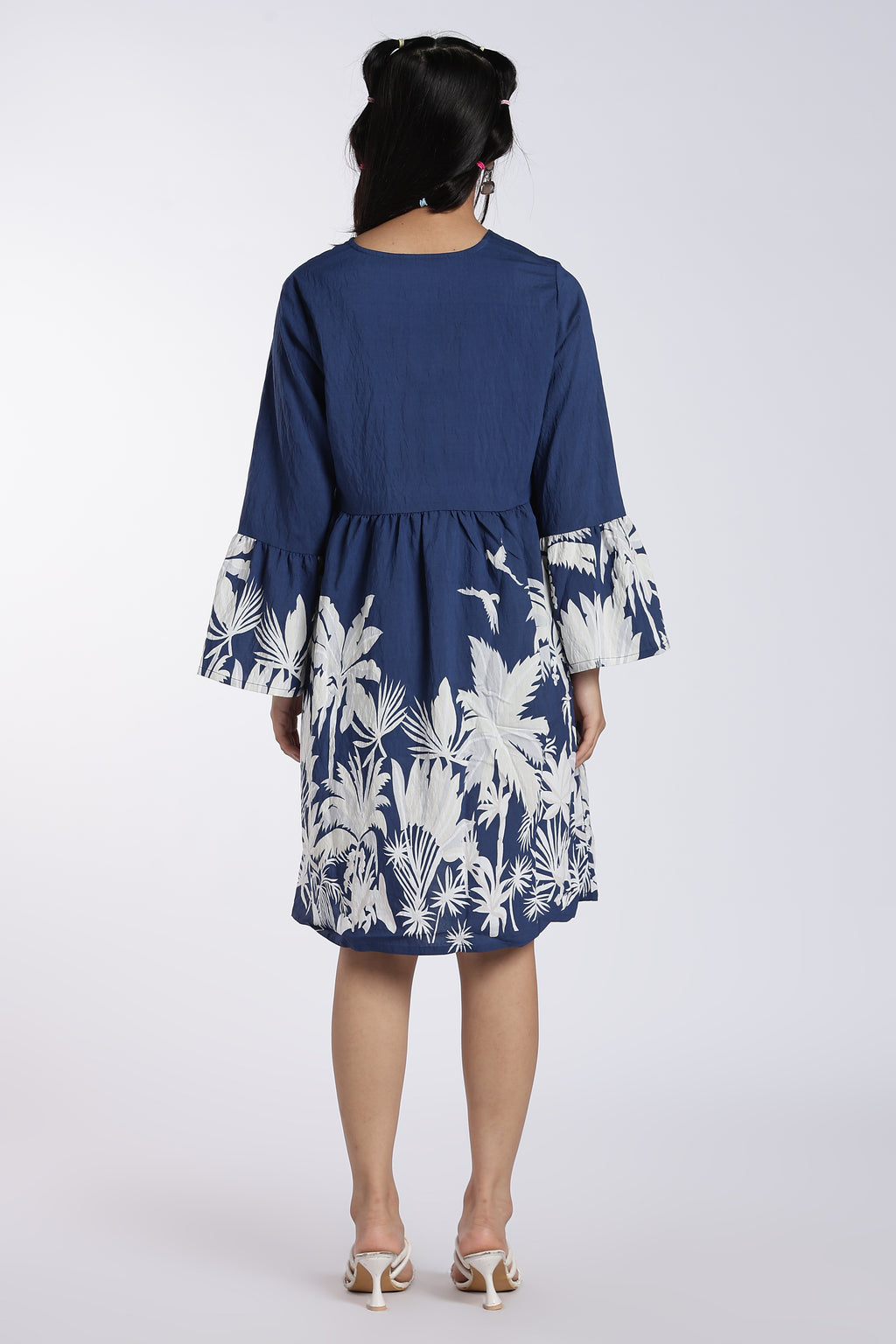 Blue Printed Flared Sleeves Dress for Women - Image 5