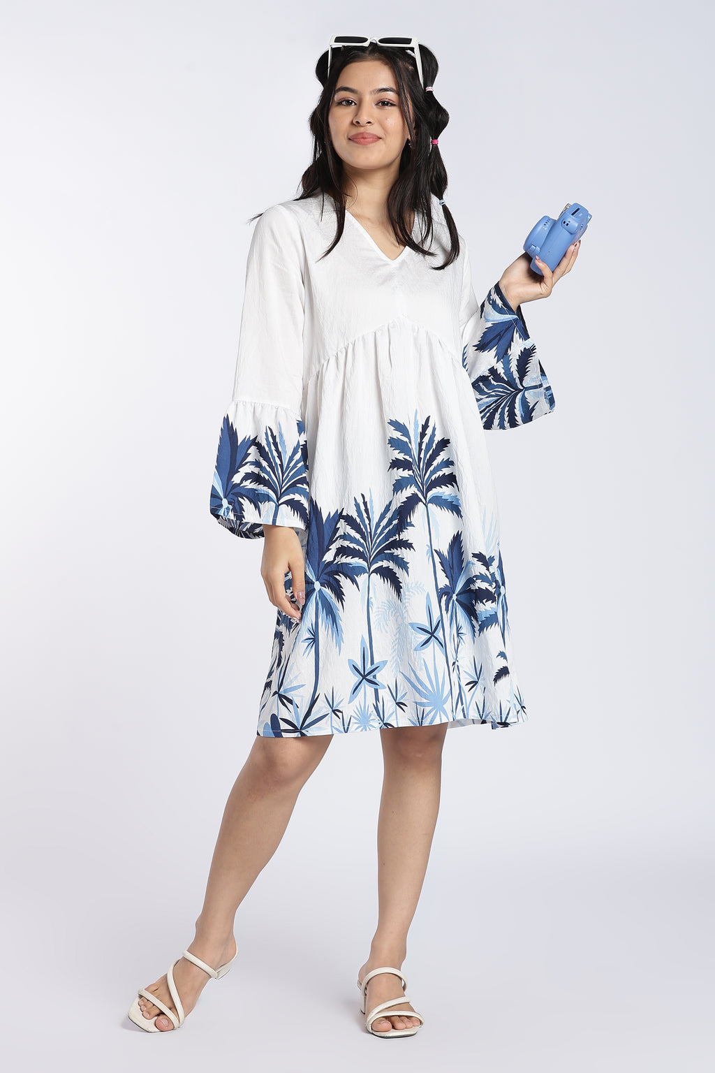 Blue Printed Bell Sleeves Dress for Women - Image 1