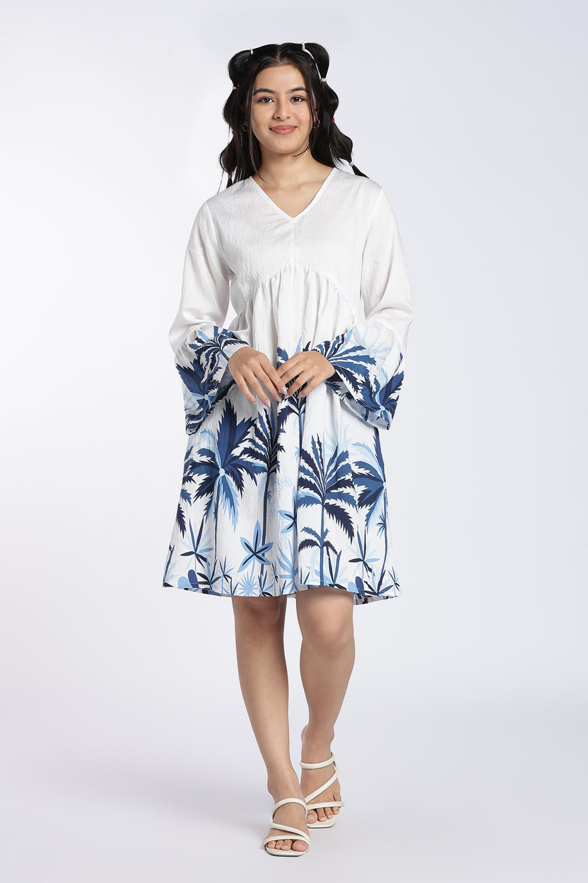 Blue Printed Bell Sleeves Dress for Women - Image 2