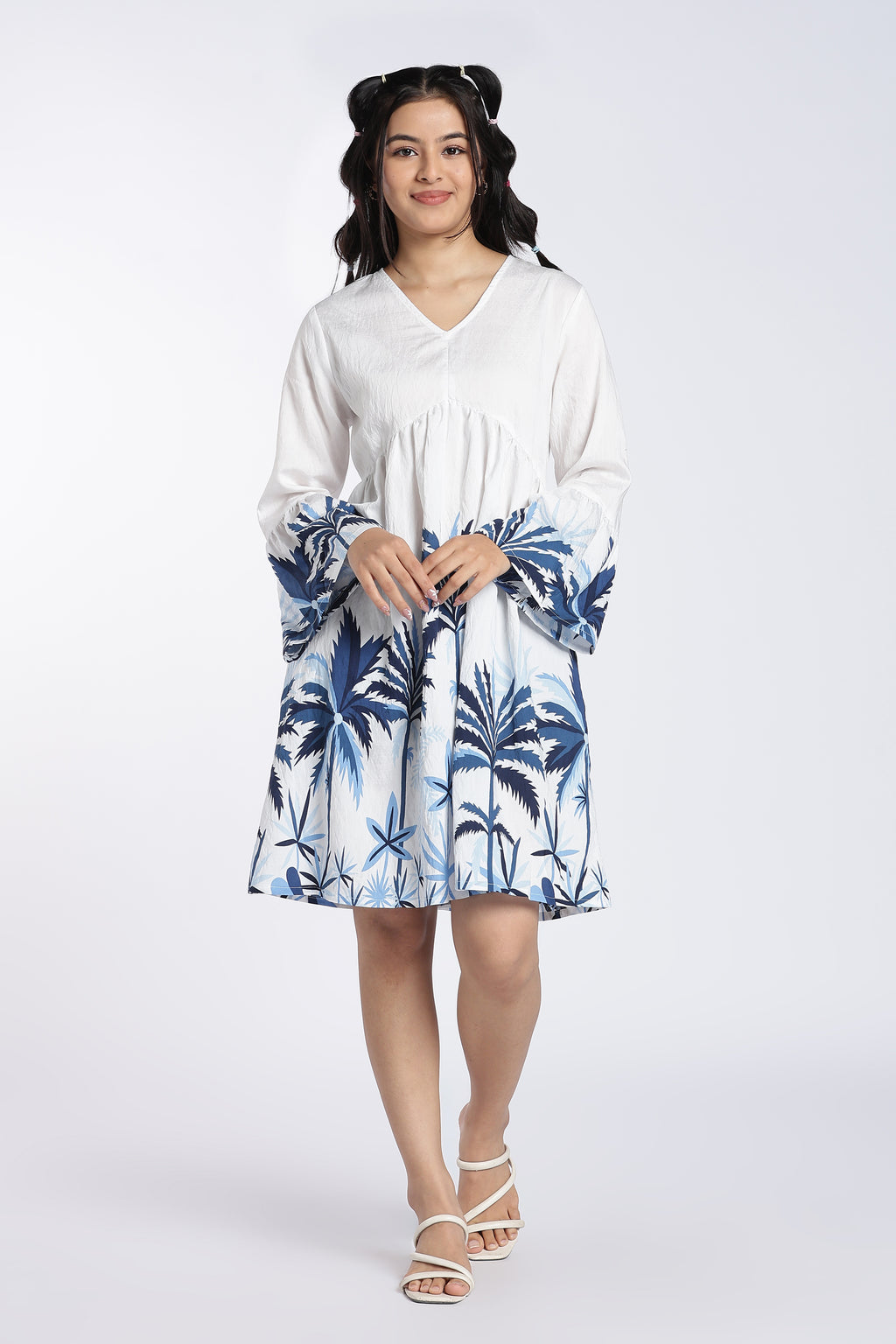 Blue Printed Bell Sleeves Dress for Women - Image 2