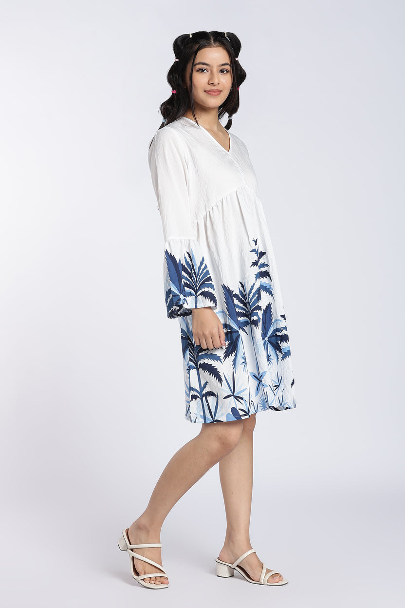 Blue Printed Bell Sleeves Dress for Women - Image 4