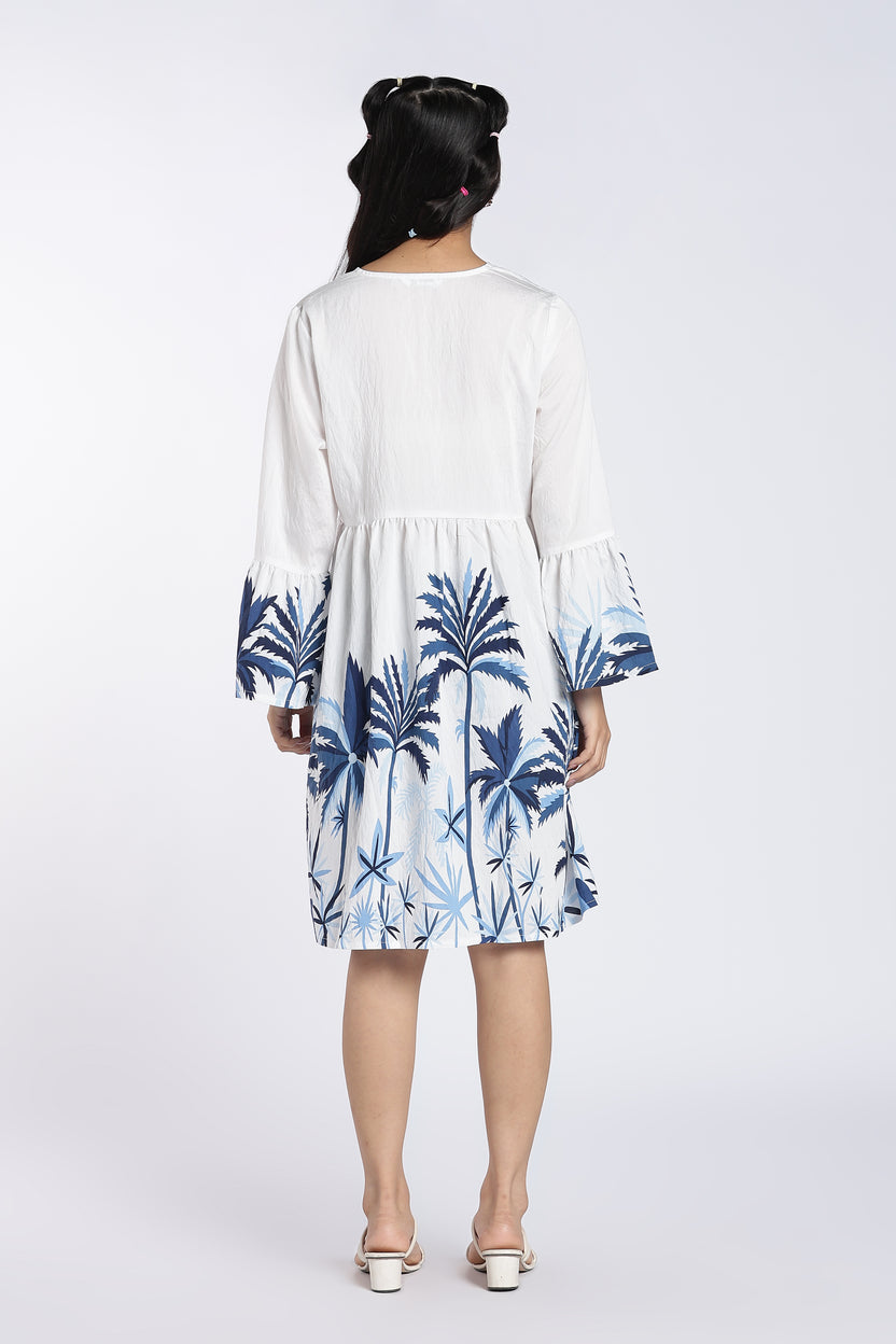Blue Printed Bell Sleeves Dress for Women - Image 5