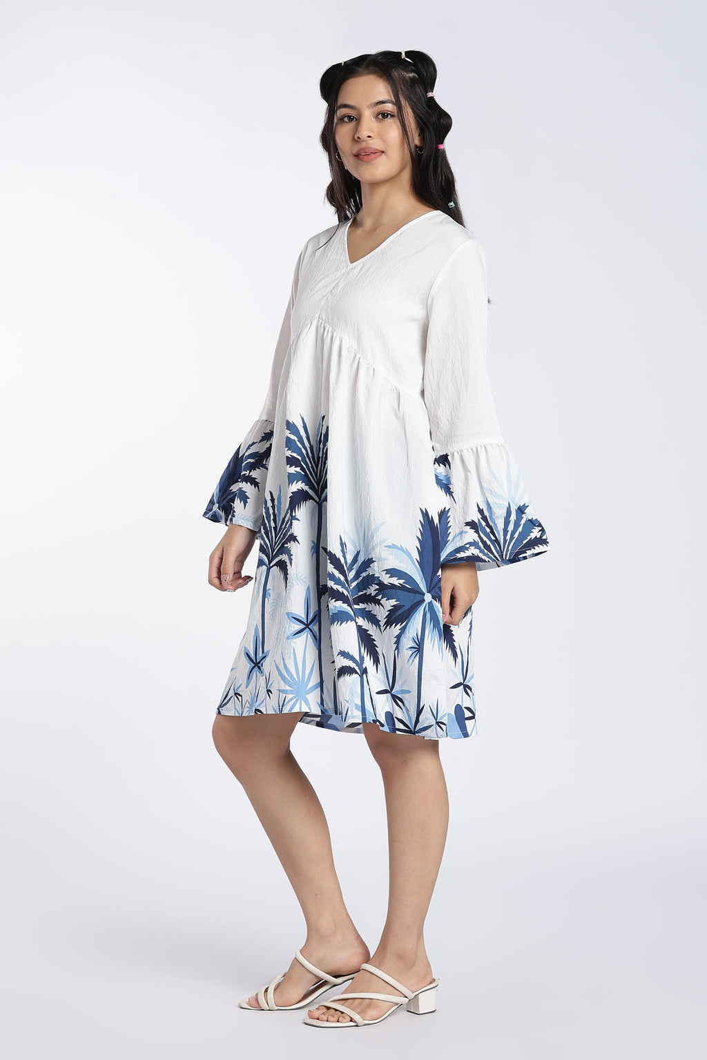 Blue Printed Bell Sleeves Dress for Women - Image 6