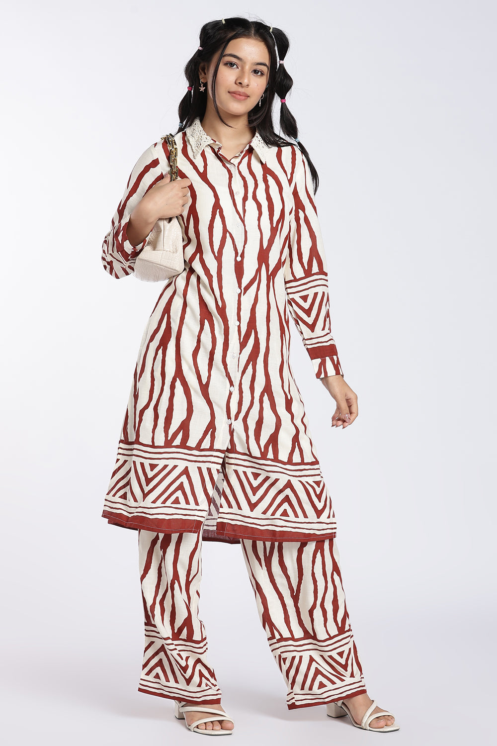 Brown Abstract Printed Co-ord Set for Women - Image 1