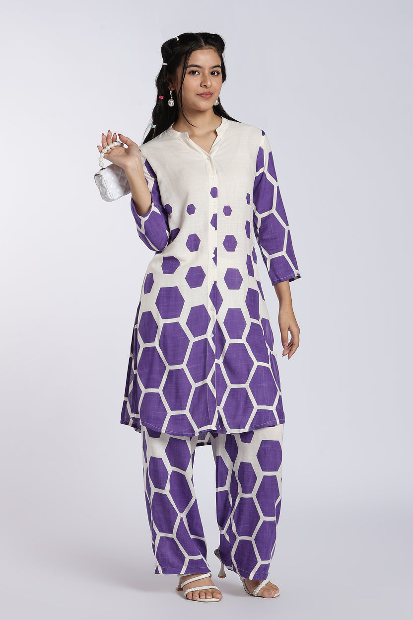 Purple Geometric Straight Fit Kurta Set for Women - Image 1