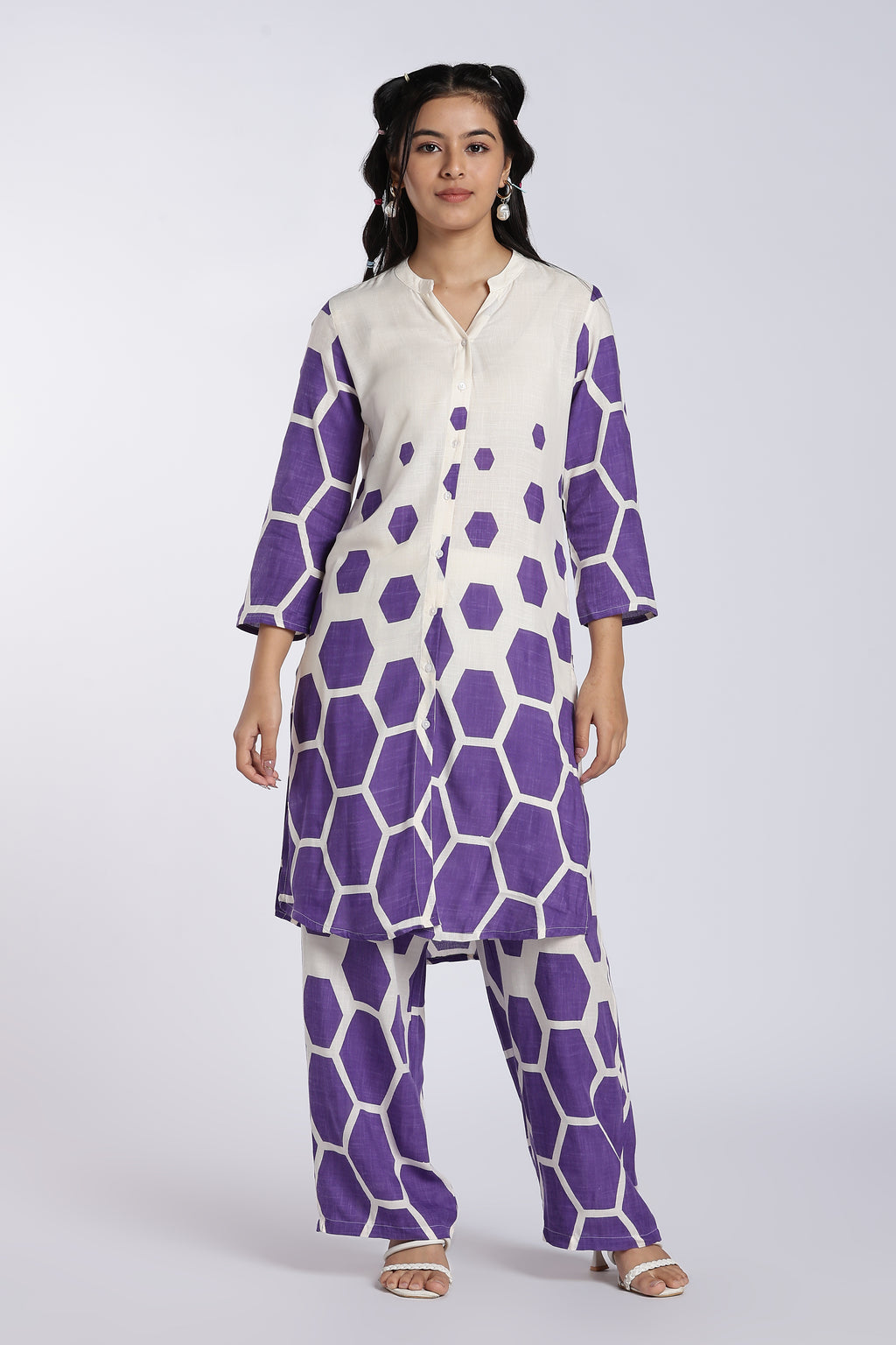 Purple Geometric Straight Fit Kurta Set for Women - Image 2
