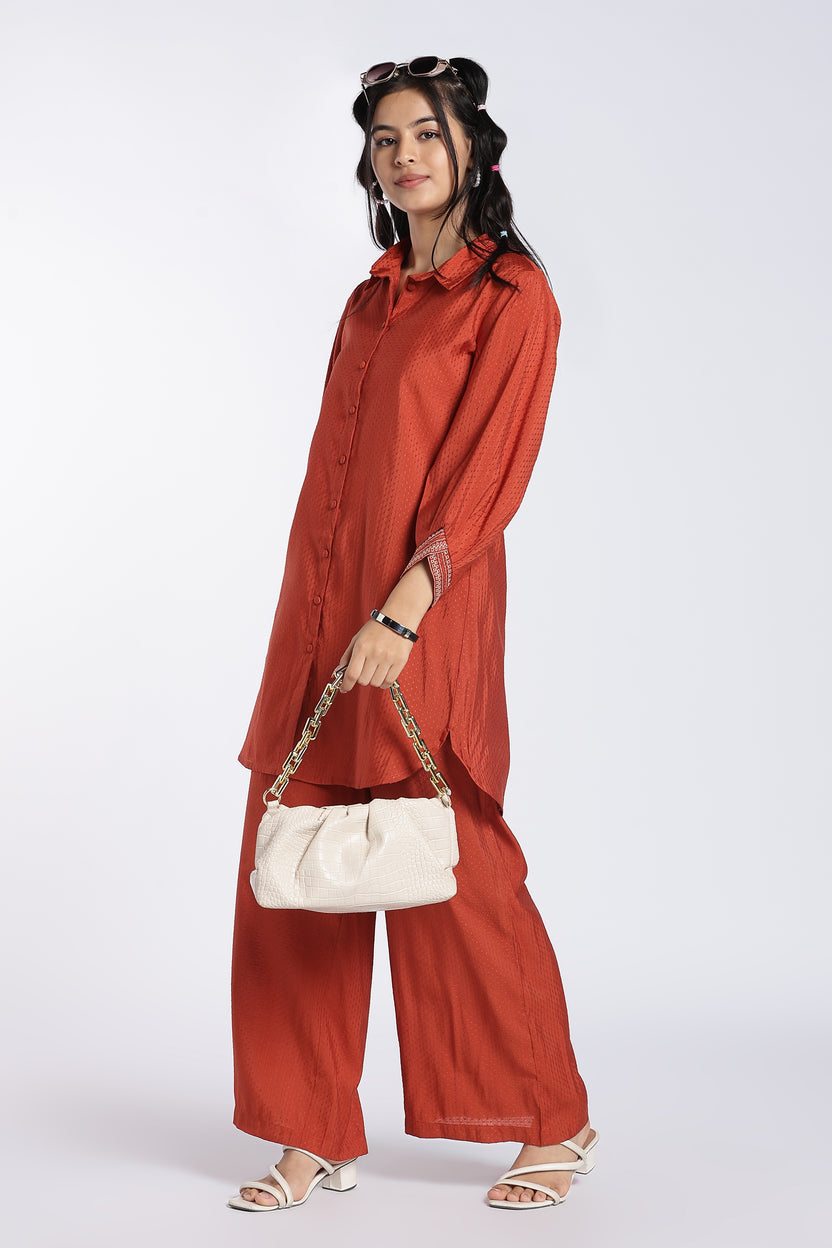 Rust Self Design Relaxed Fit Kurta Set for Women - Image 1