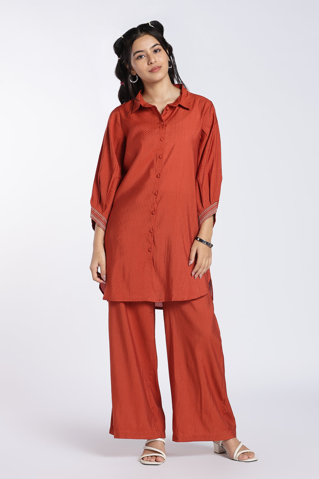 Rust Self Design Relaxed Fit Kurta Set for Women - Image 2