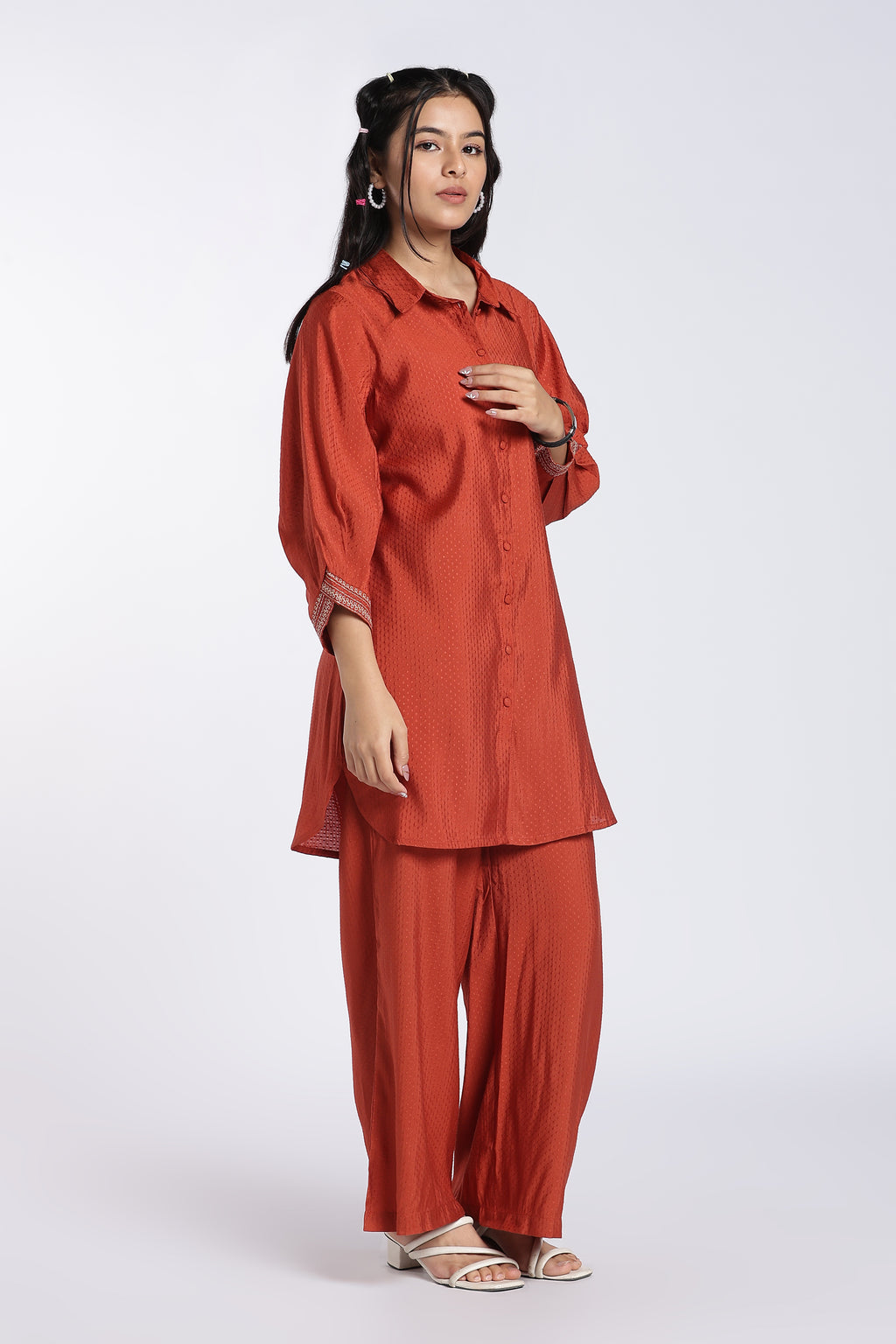 Rust Self Design Relaxed Fit Kurta Set for Women - Image 4