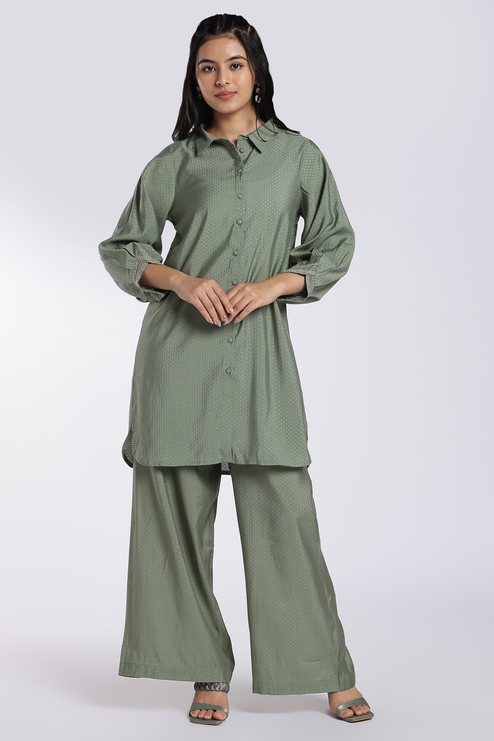 Sage Green Textured Co-Ord Set for Women - Image 2
