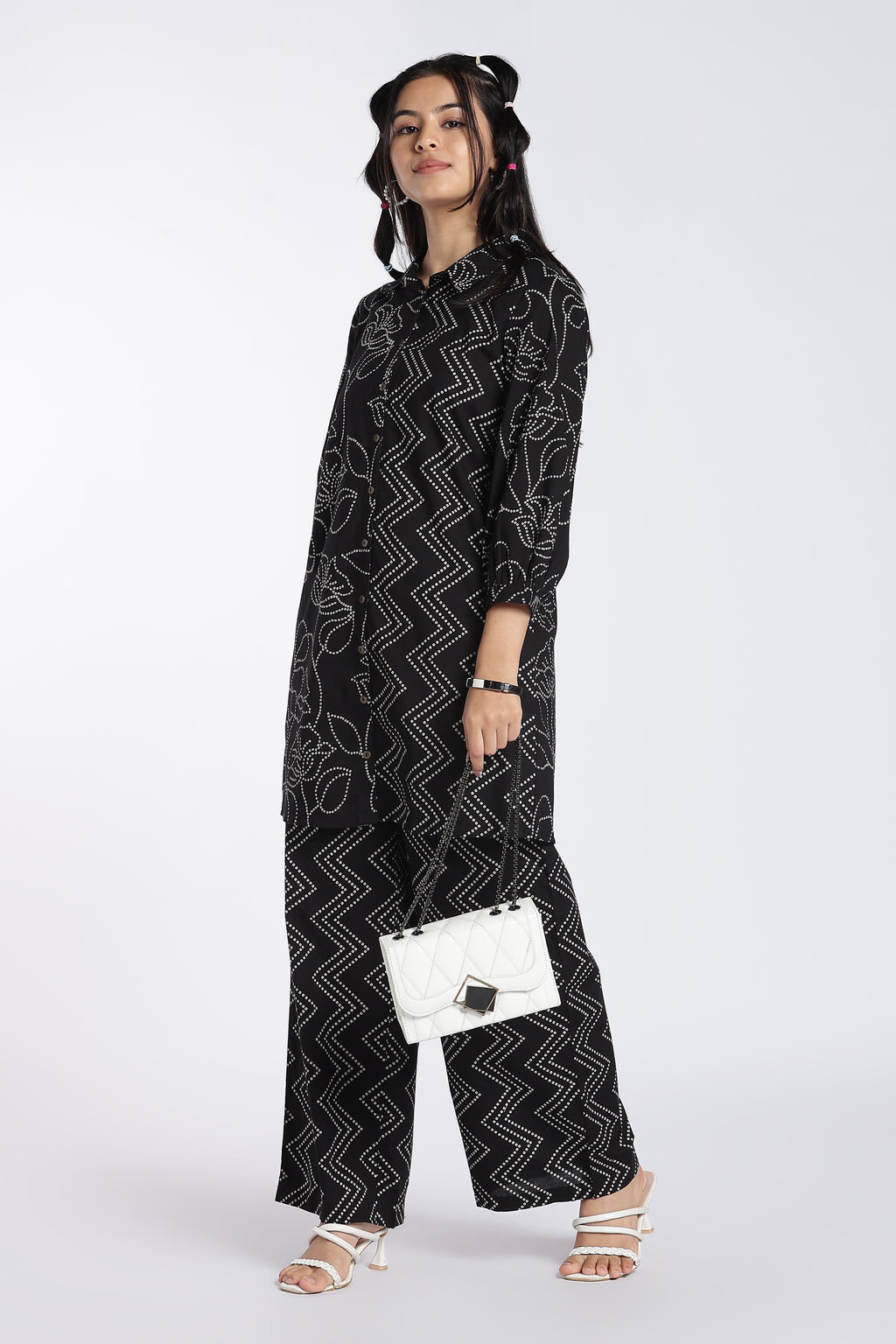 Black Printed Kurta With Wide Leg Fit Palazzo for Women - Image 1