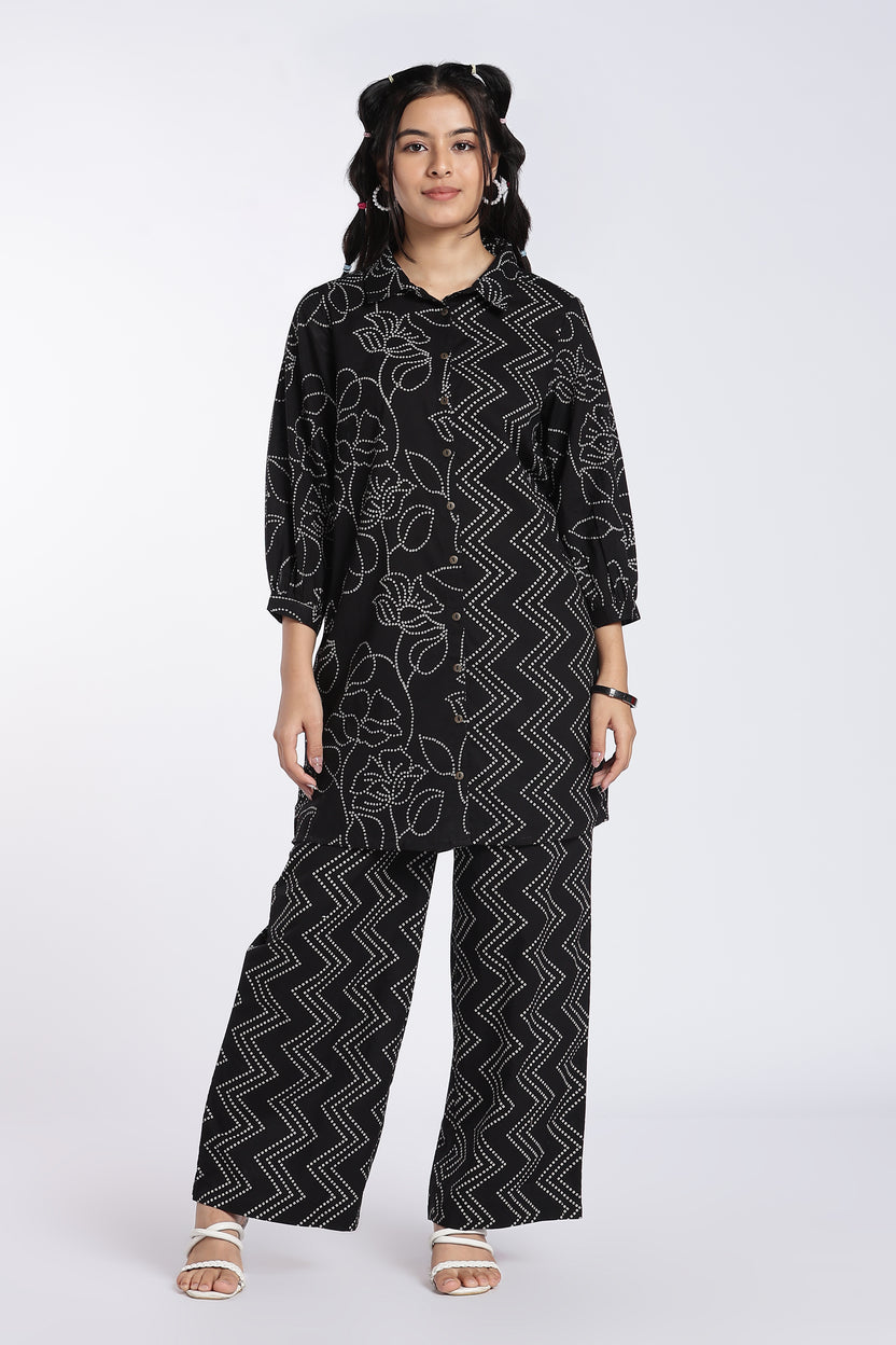 Black Printed Kurta With Wide Leg Fit Palazzo for Women - Image 2